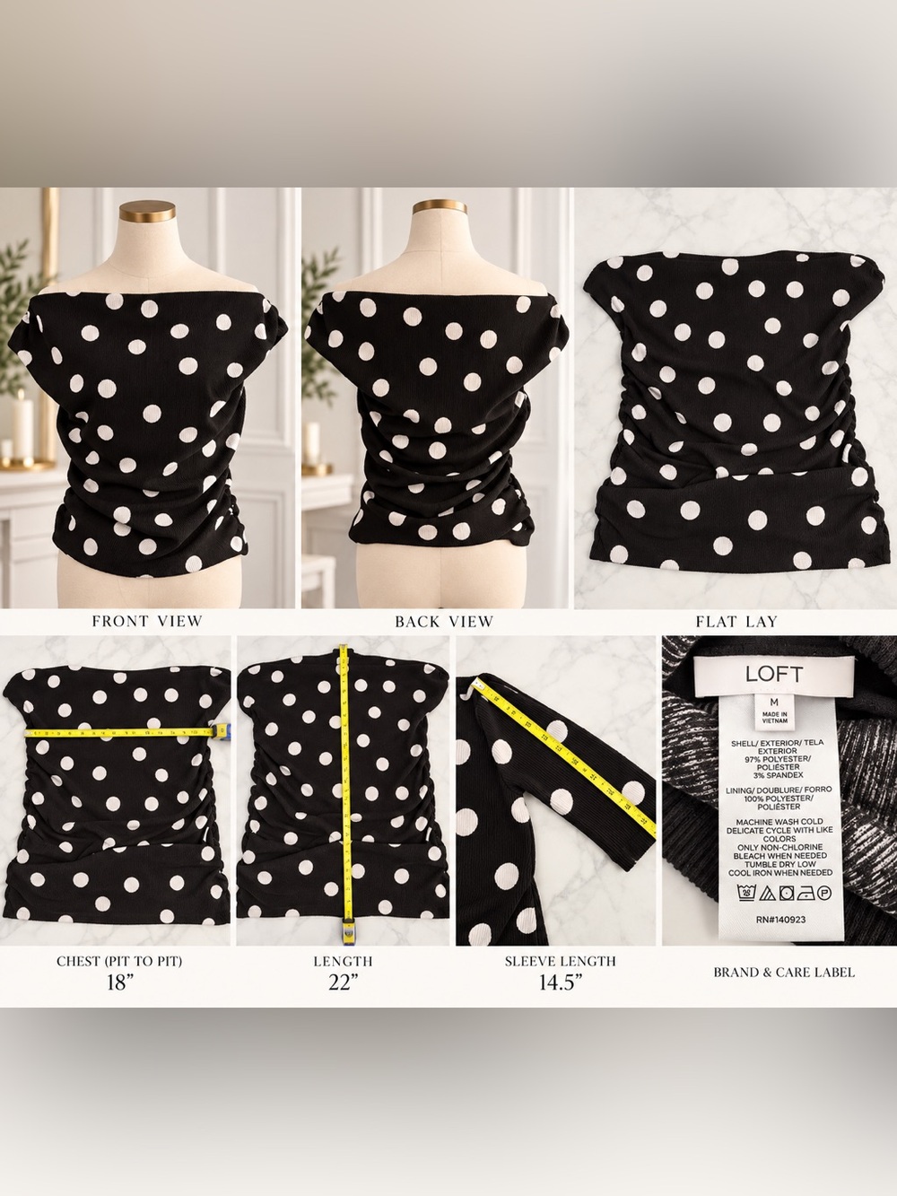 LOFT Black and White Polka Dot Off-Shoulder Ruched Tee